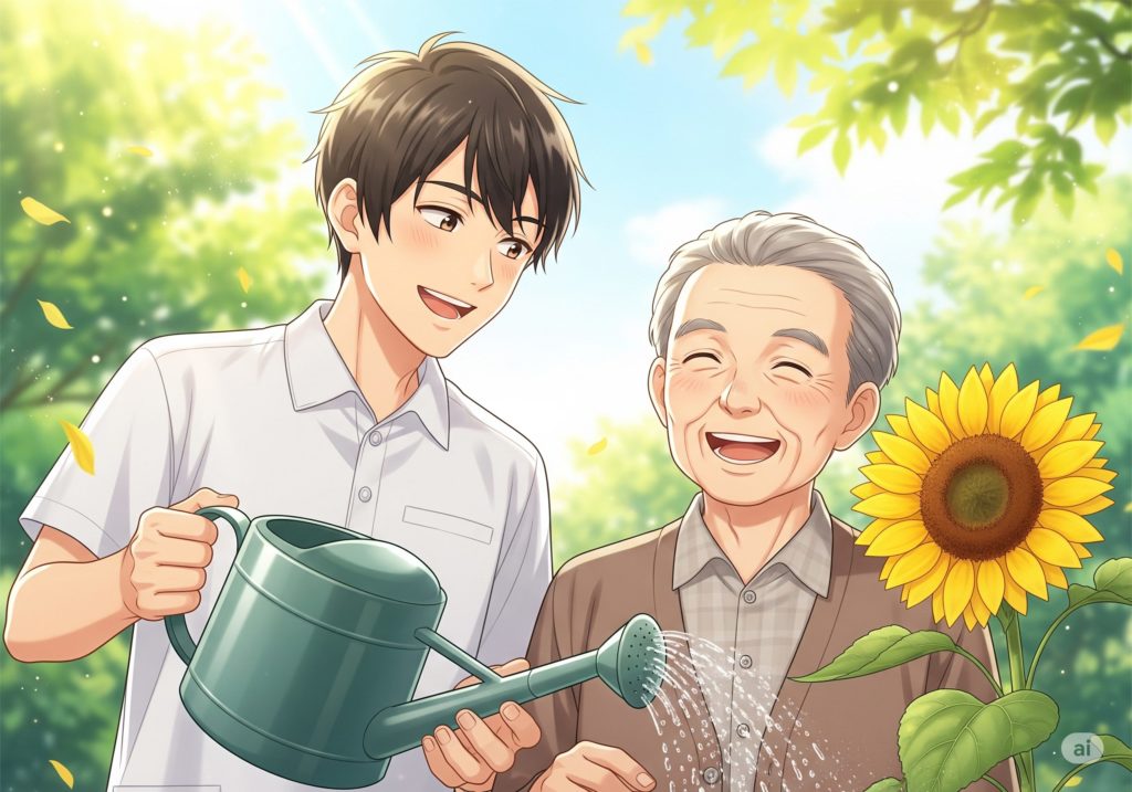 おじいちゃんと笑う、男性介護スタッフ