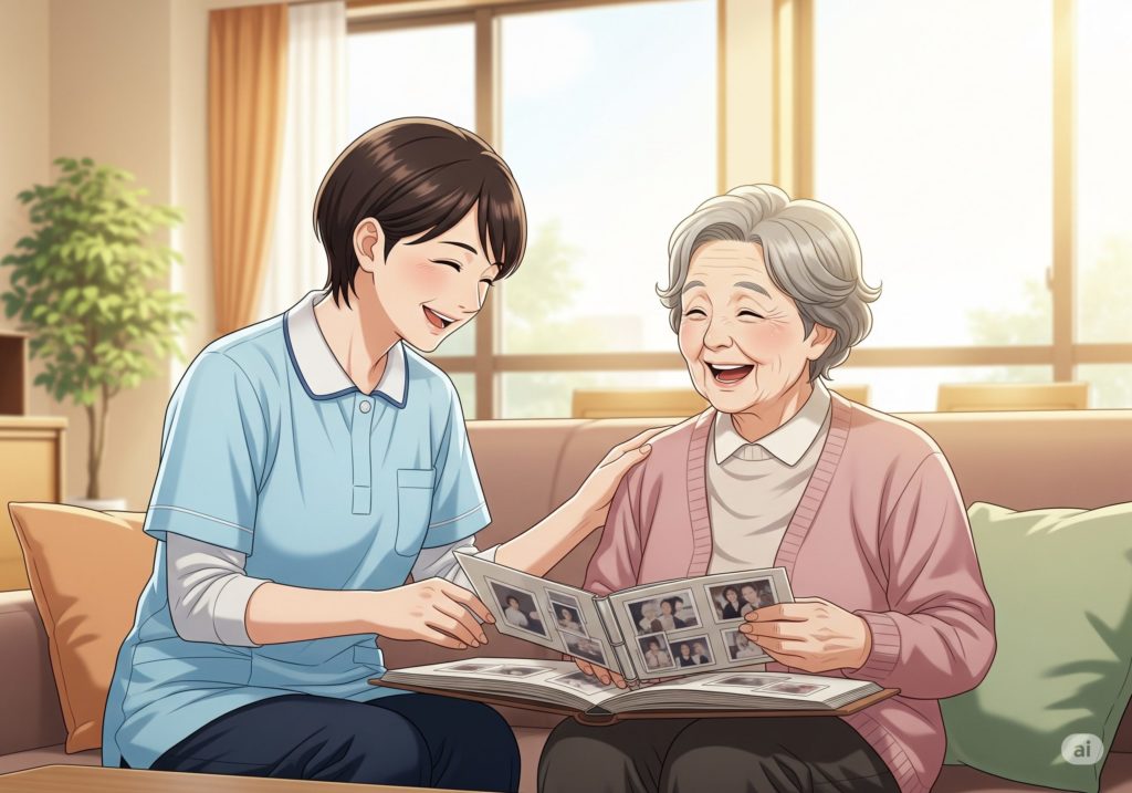 おばあちゃんと笑う女性介護スタッフ