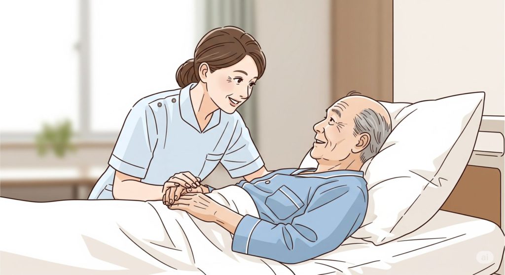 おじいちゃんに話しかける介護士