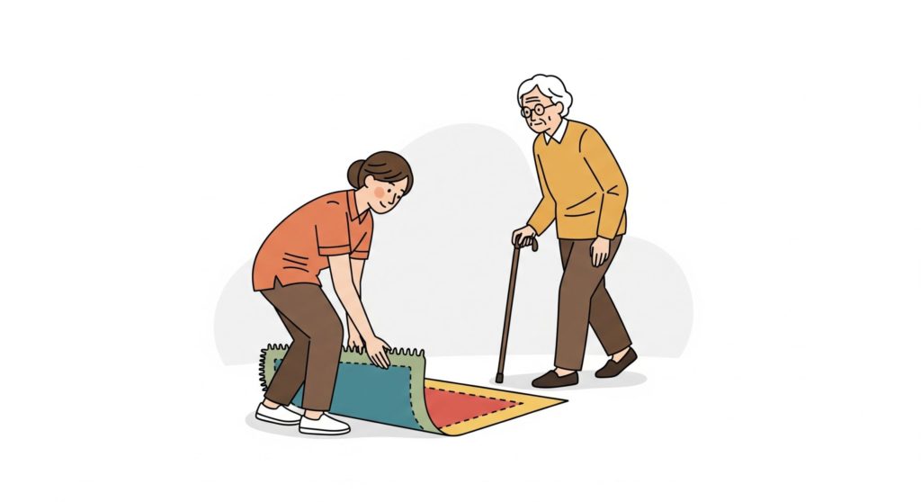 カーテンを取り除く介護士