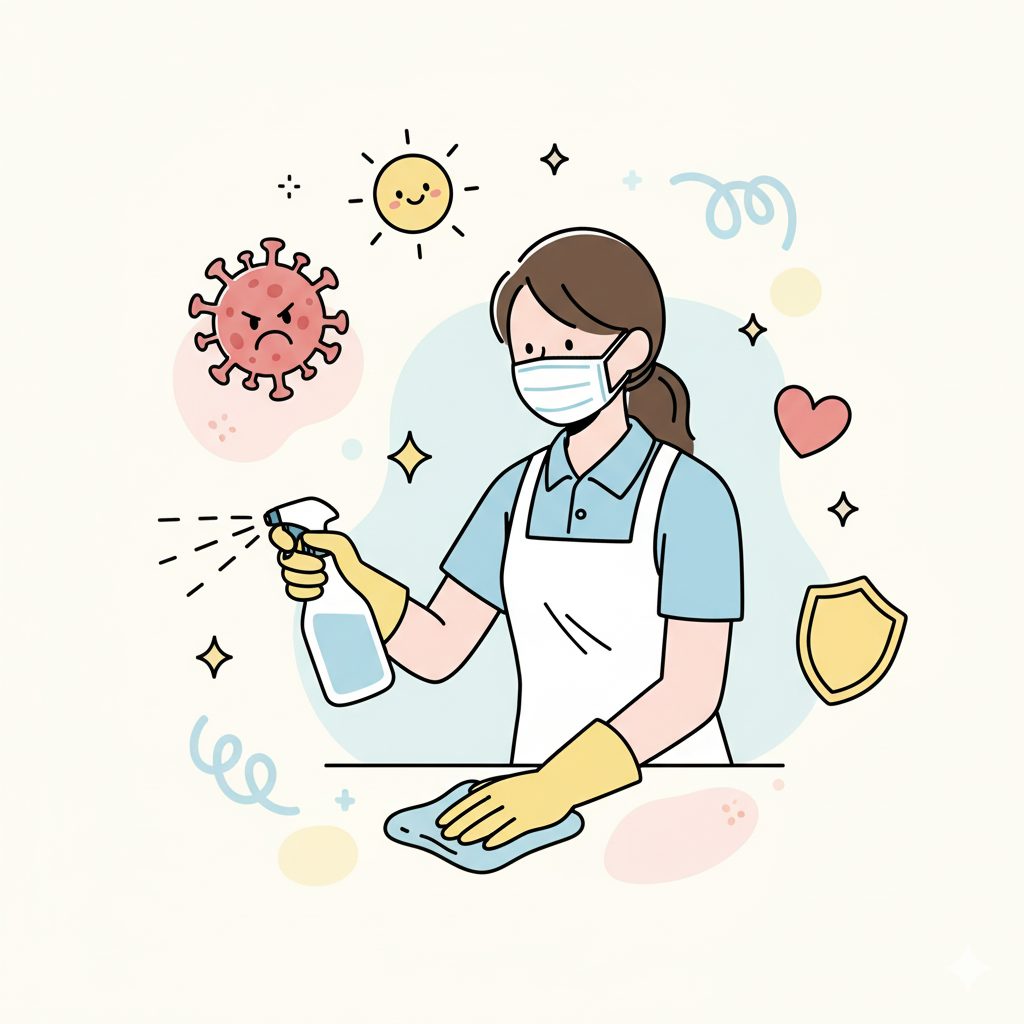 消毒している女性介護士