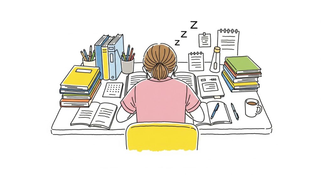 勉強中寝てしまっている女性介護士