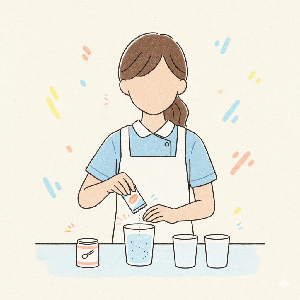 とろみを付けいてる介護士