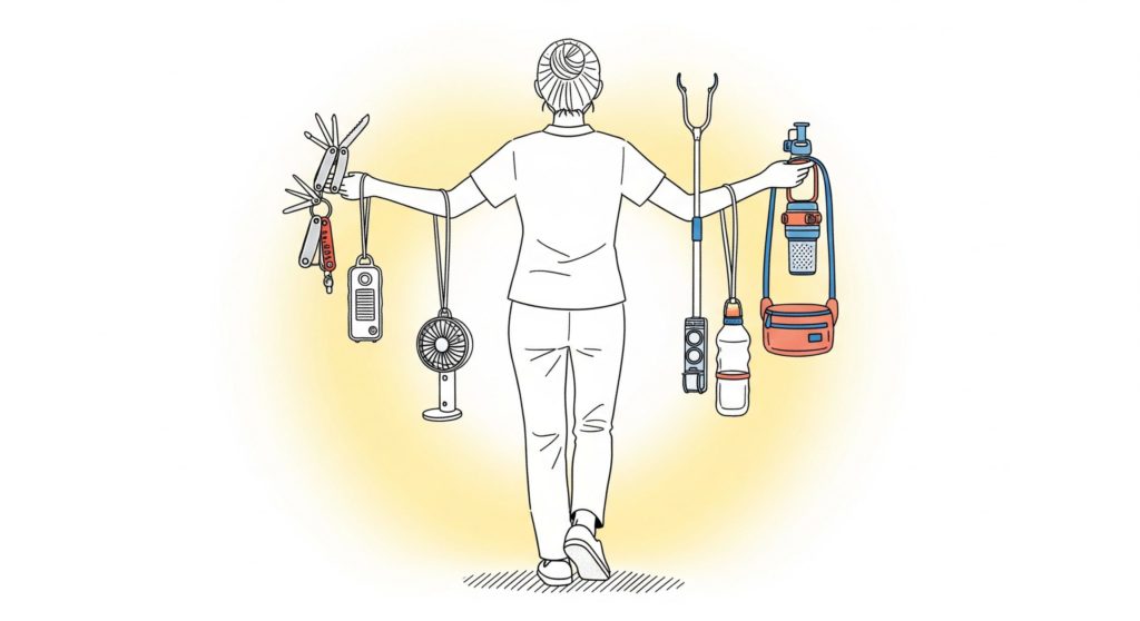 色々なグッズを持っている介護士