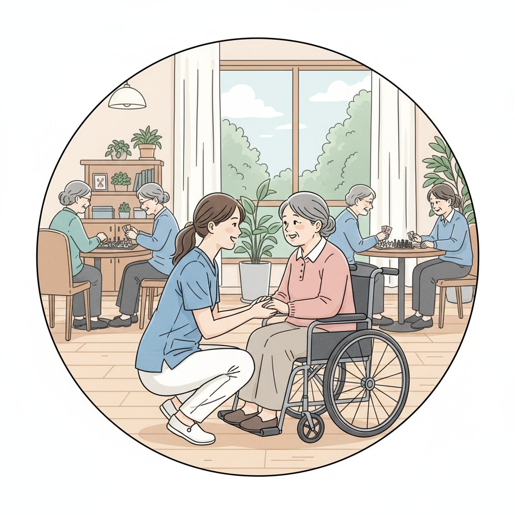 車椅子前に屈む介護士