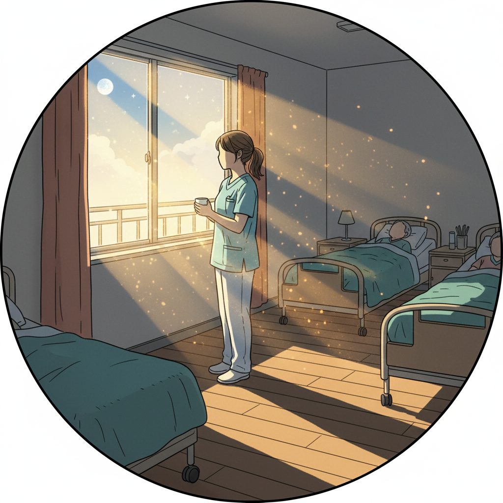 夜勤中朝日を浴びる介護士