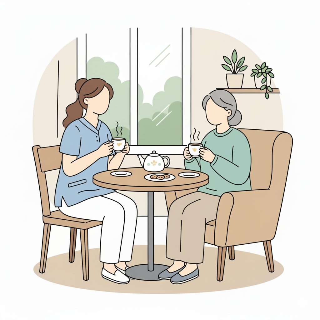 お茶を飲む介護士