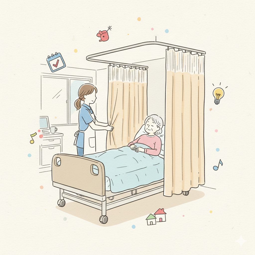 ベッドの周りにカーテンを敷く介護士