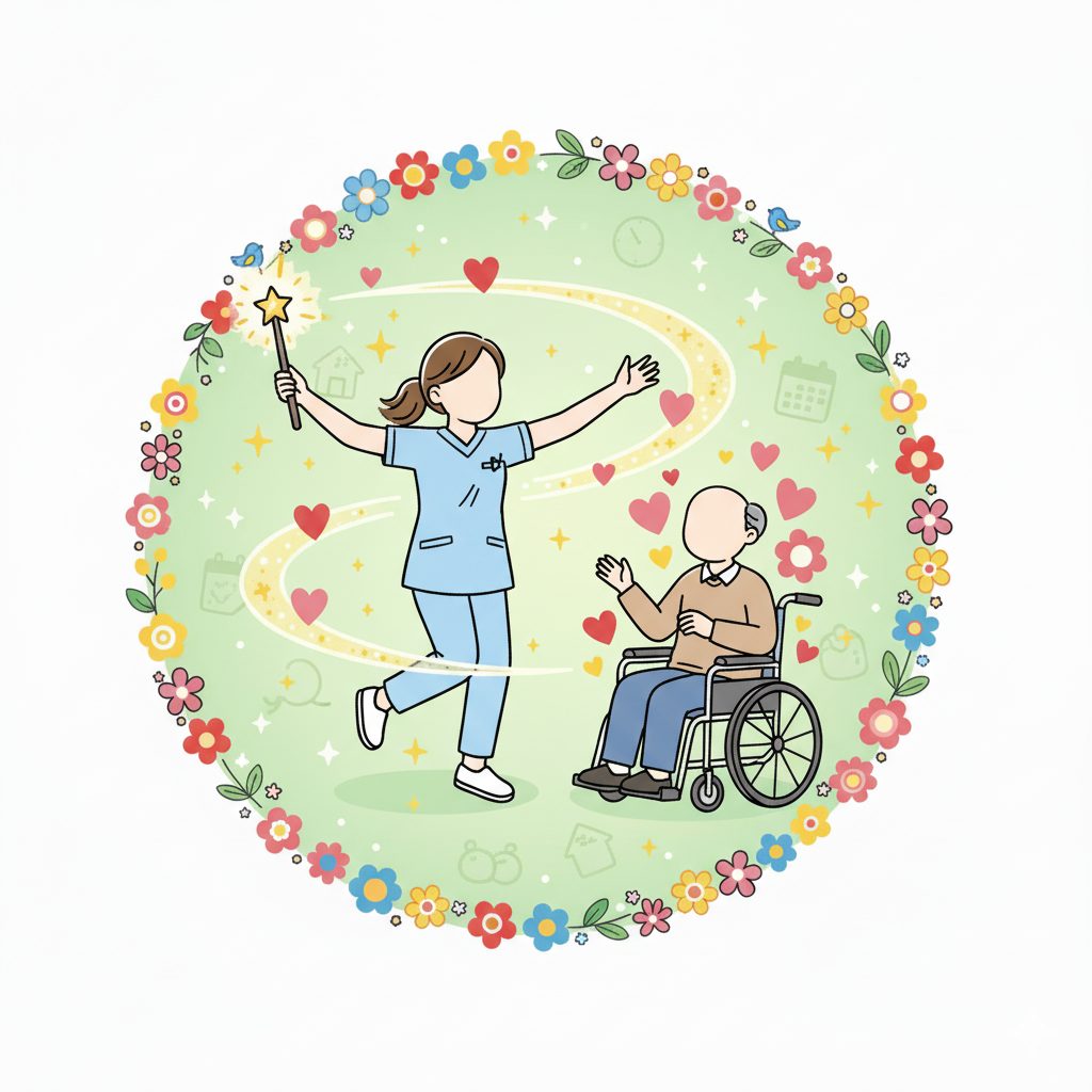 楽しそうに魔法をかける介護士