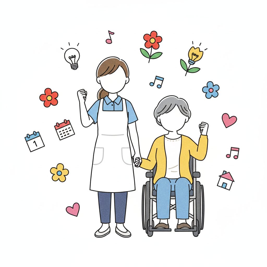 利用者と一緒にガッツポーズする介護士