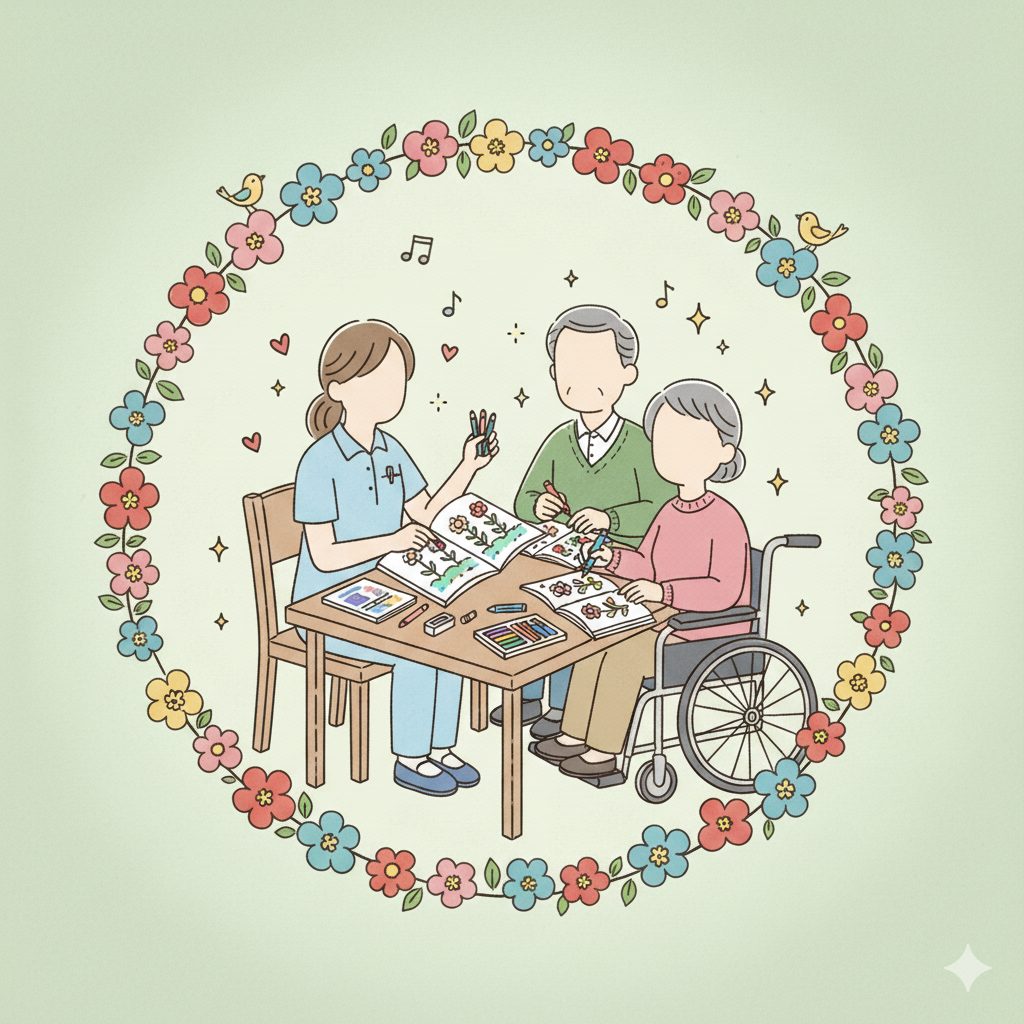 塗り絵をする介護士