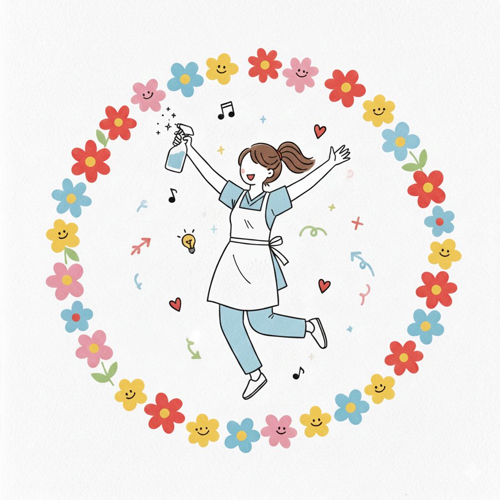 スプレーを持って踊る介護士