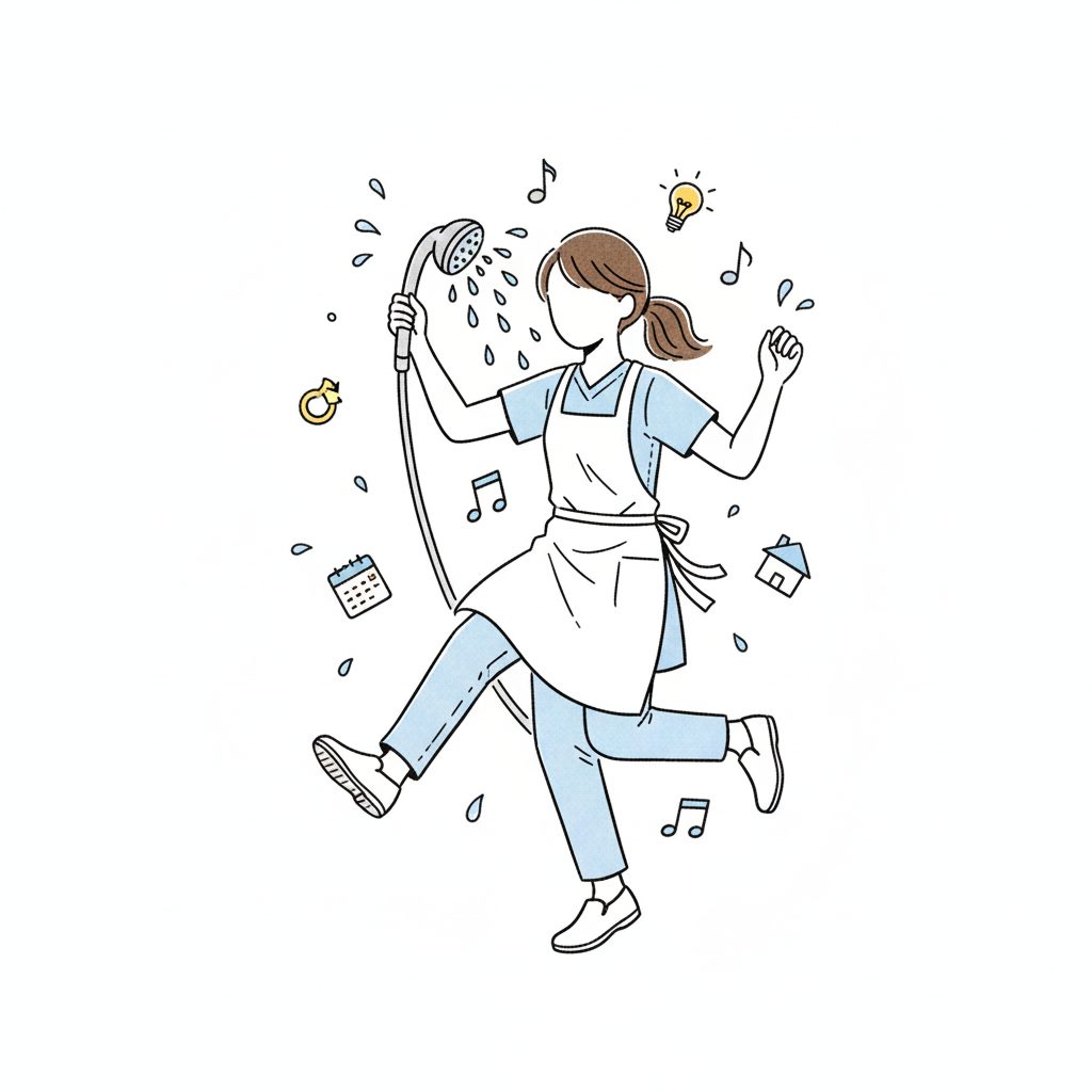 シャワーを持って踊る介護士