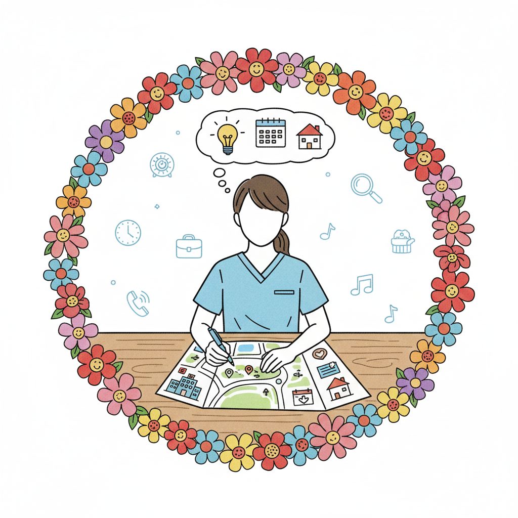 地図を描く介護士