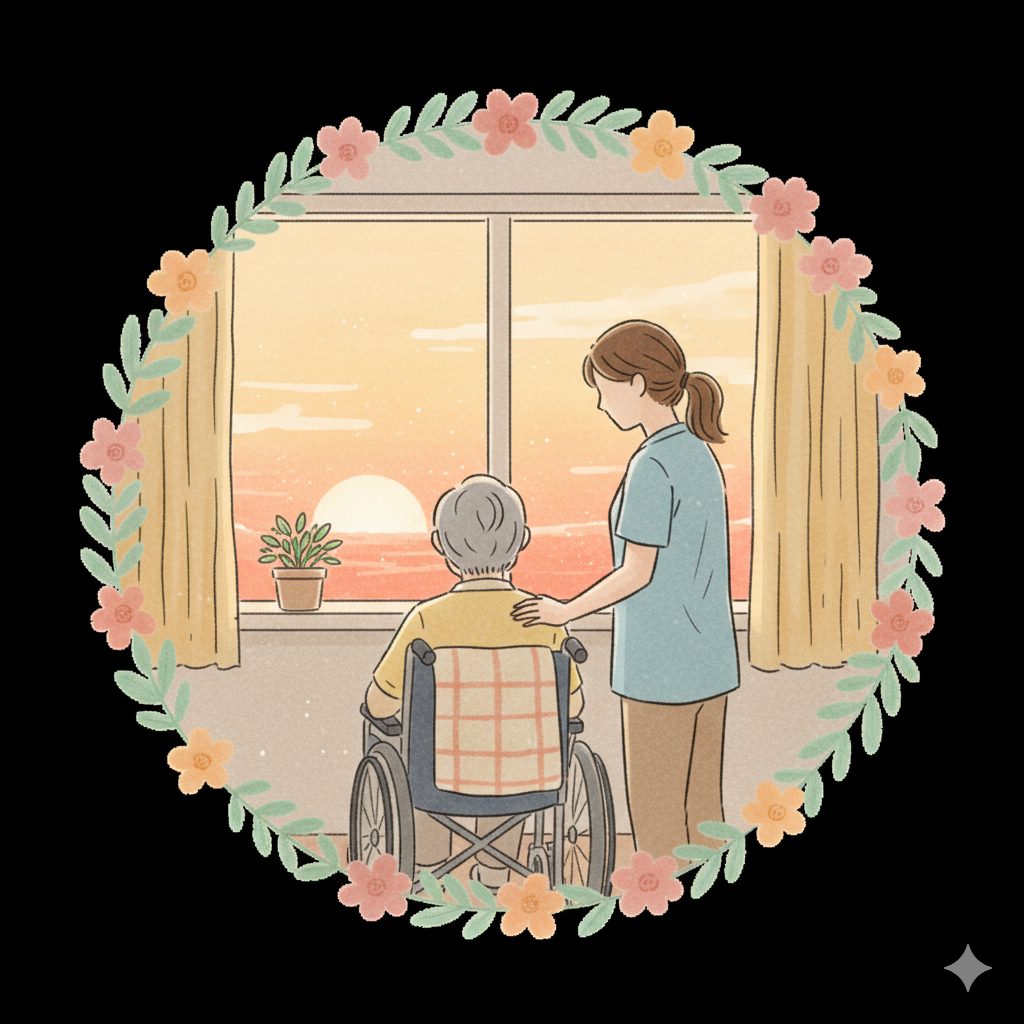 夕陽を見つめる利用者