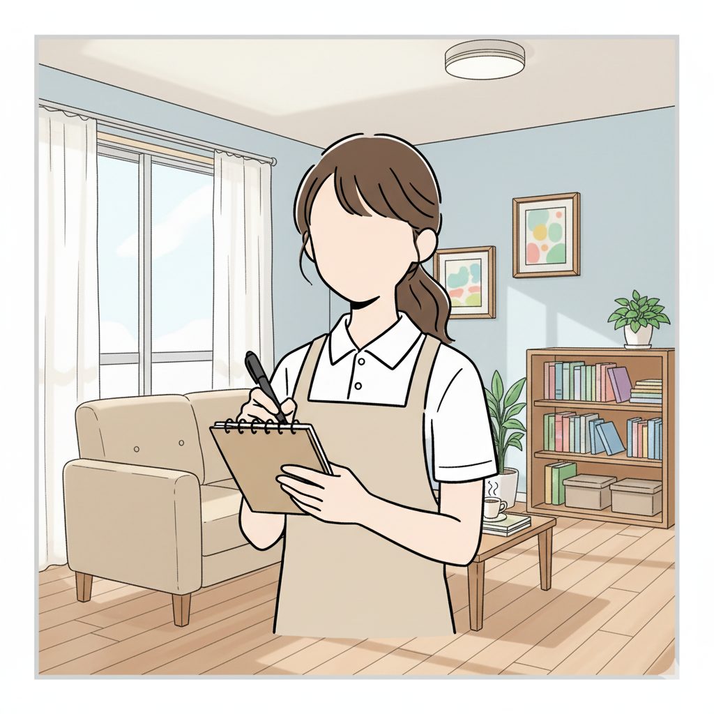 ペンとメモ帳を持つ介護士