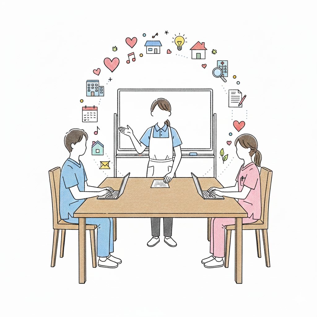 会議を進行する介護士