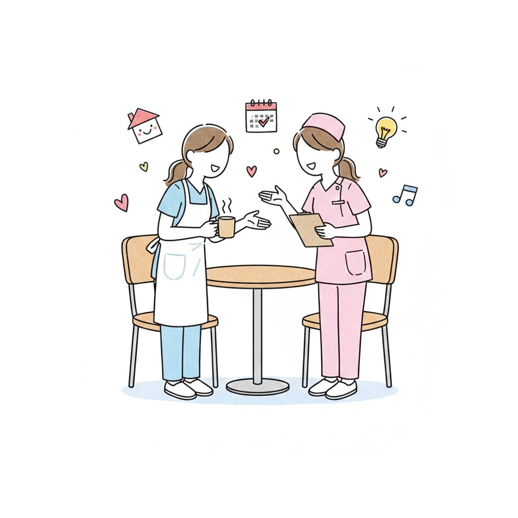 休憩室で雑談する介護士