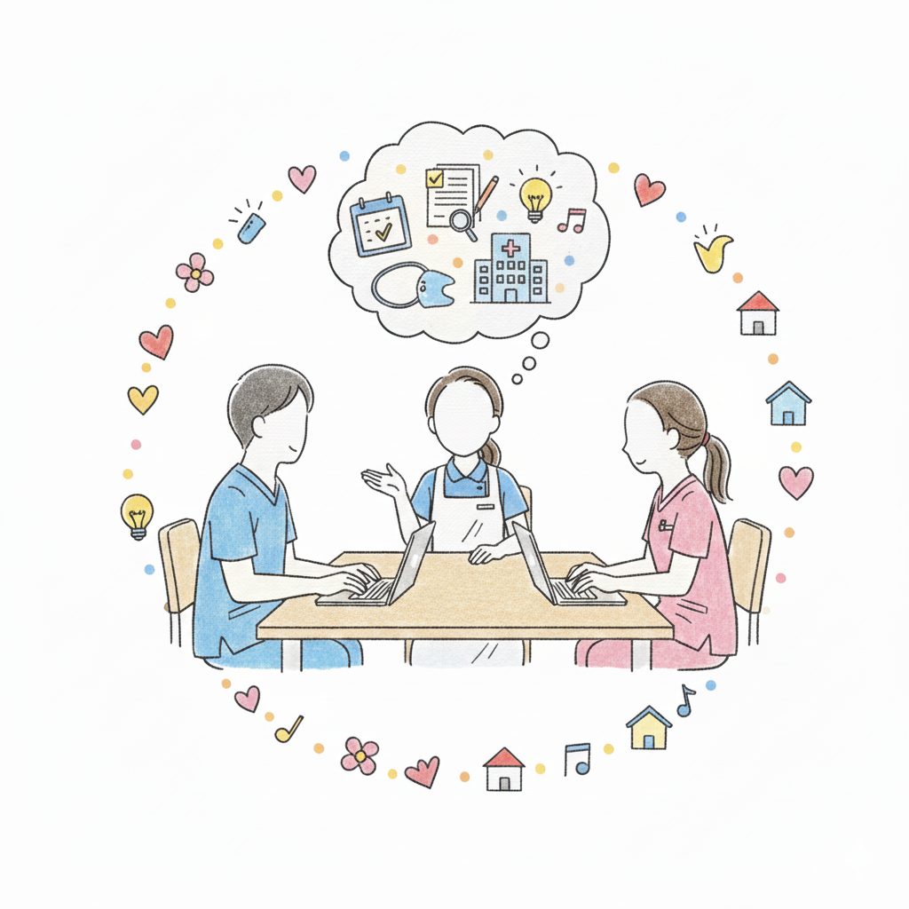 仲間と会議をする介護士