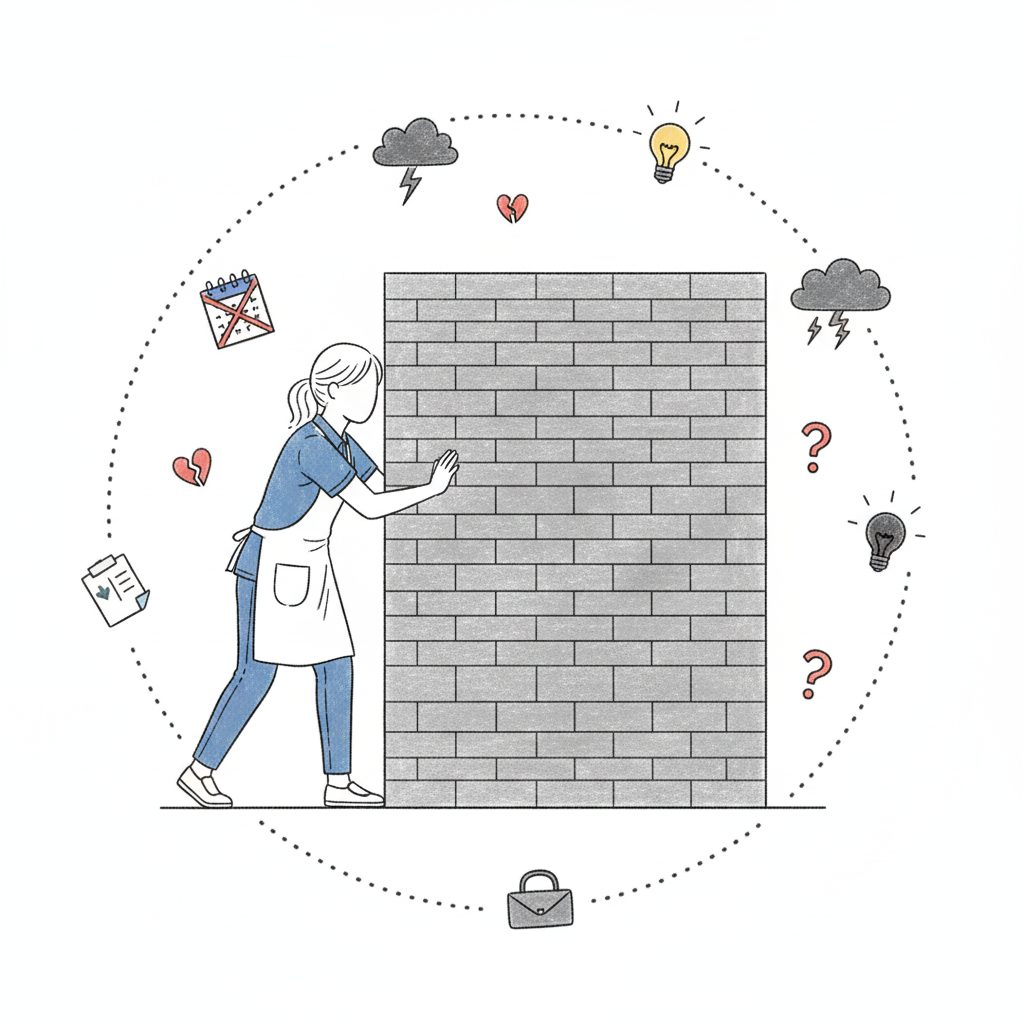 壁に阻まれる介護士