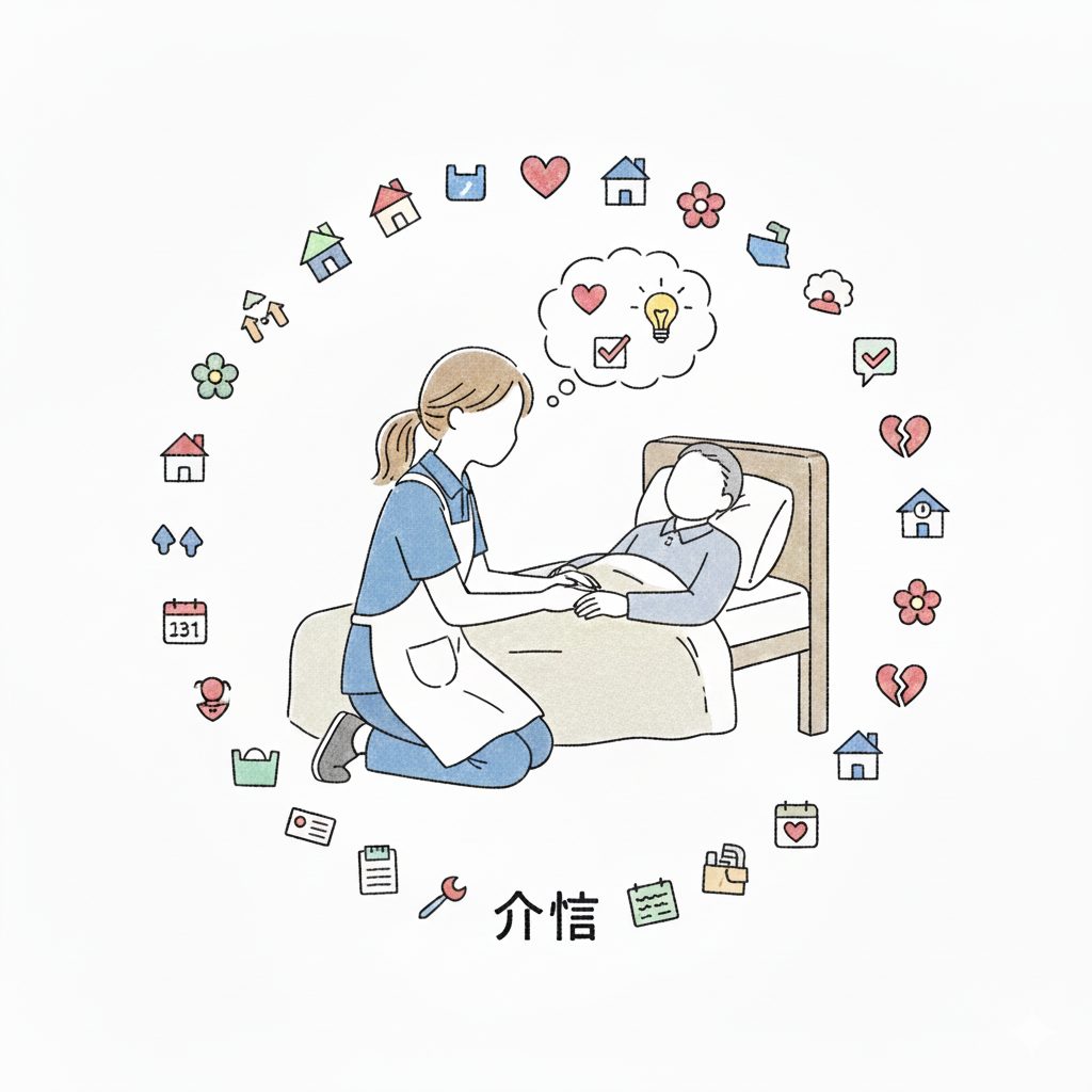 寝ている利用者に寄り添う介護士