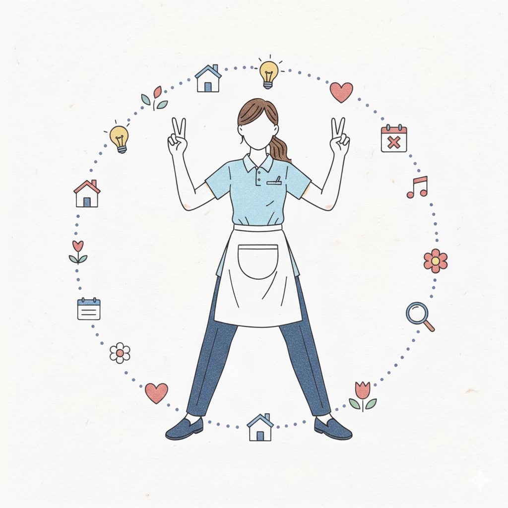 指を2本突き出す介護士