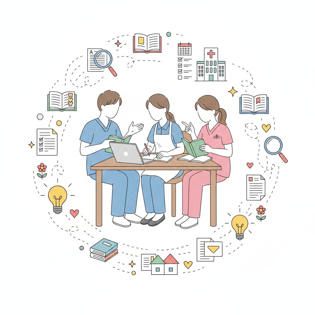 仲間と一緒に勉強する介護士