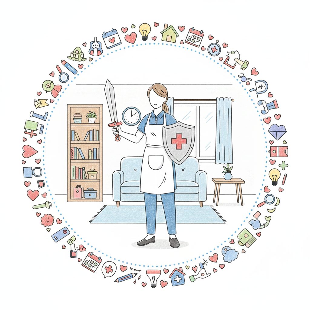 剣と盾を持つ介護士