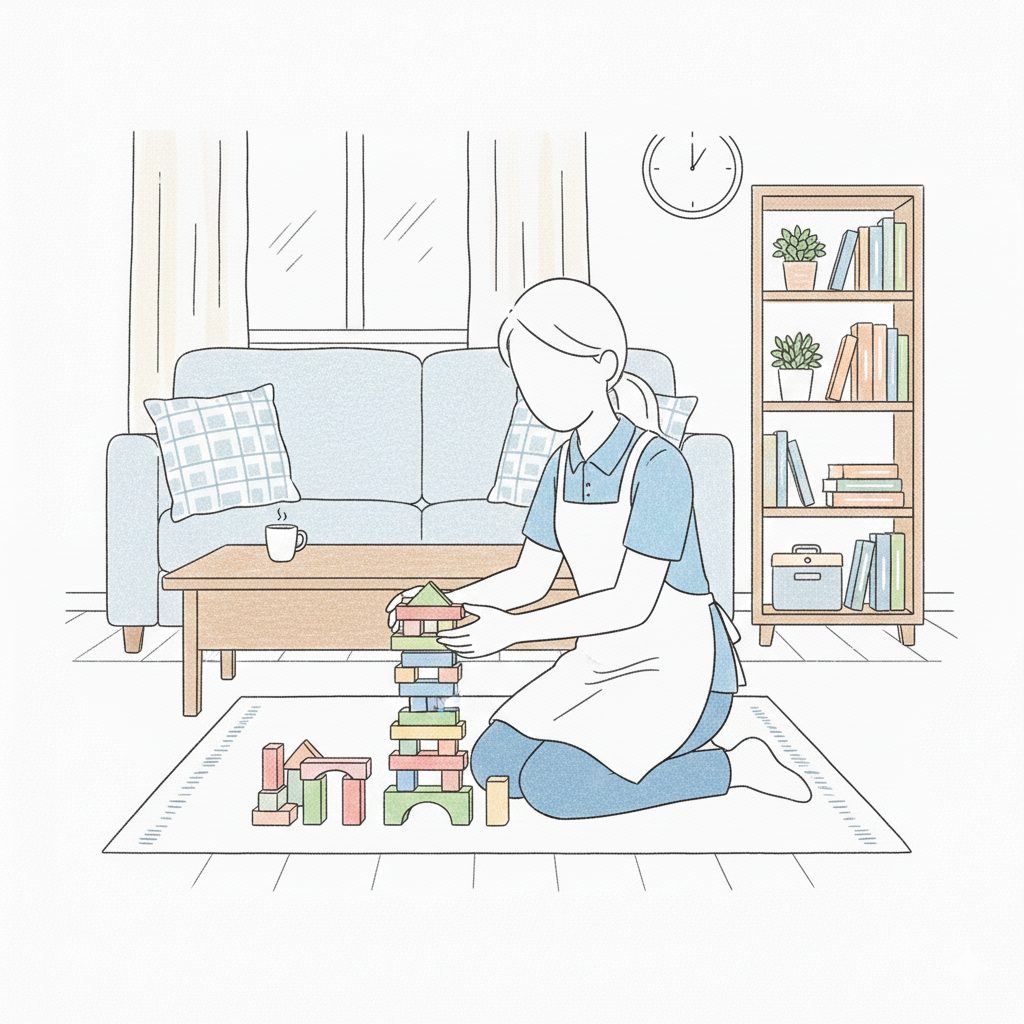 積み木を積み上げる介護士