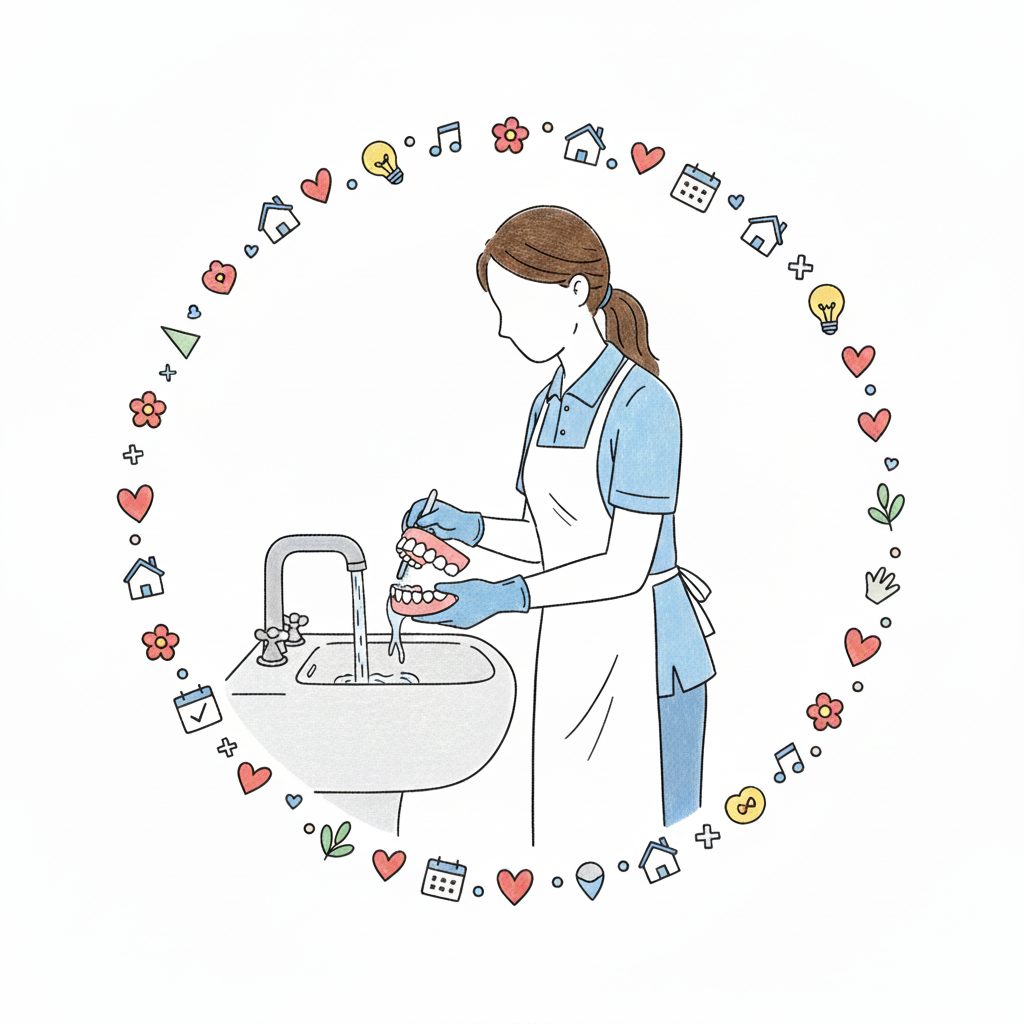 入れ歯を洗う介護士