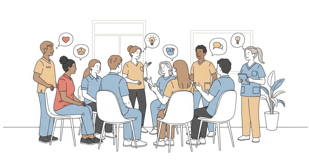 新人同士話している介護士