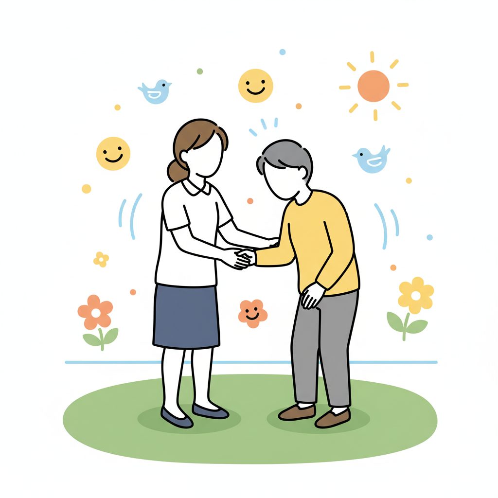 おばあちゃんに手を添える