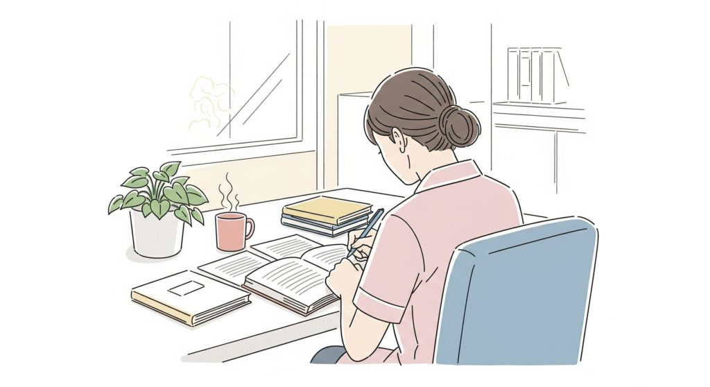 勉強している介護士