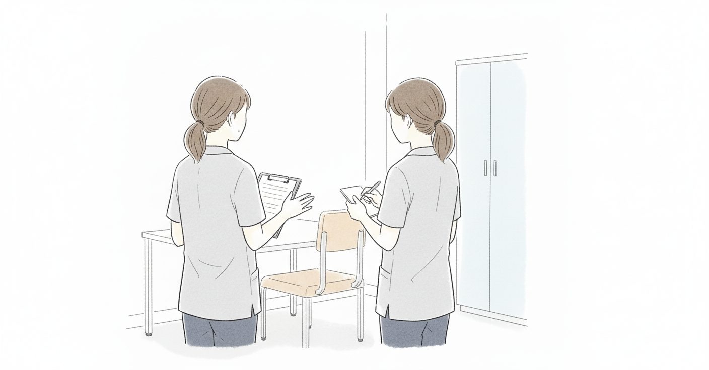 申し送りをしている介護士