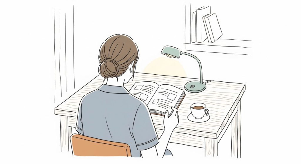 教科書を読んでいる介護士