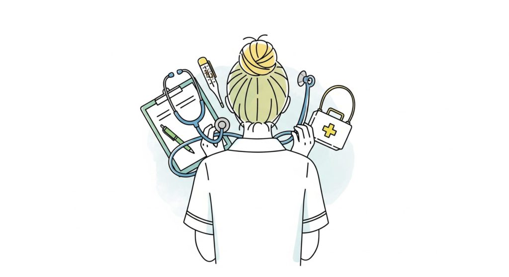 いろんな道具を持っている介護士