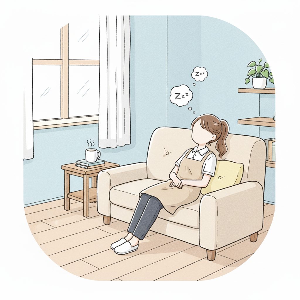 ソファーで休憩する介護士