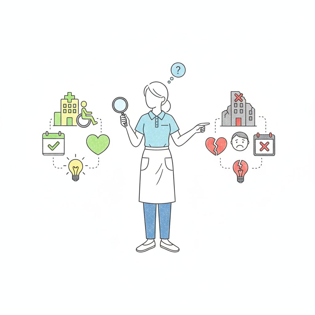 良い施設と悪い施設と見比べる介護士