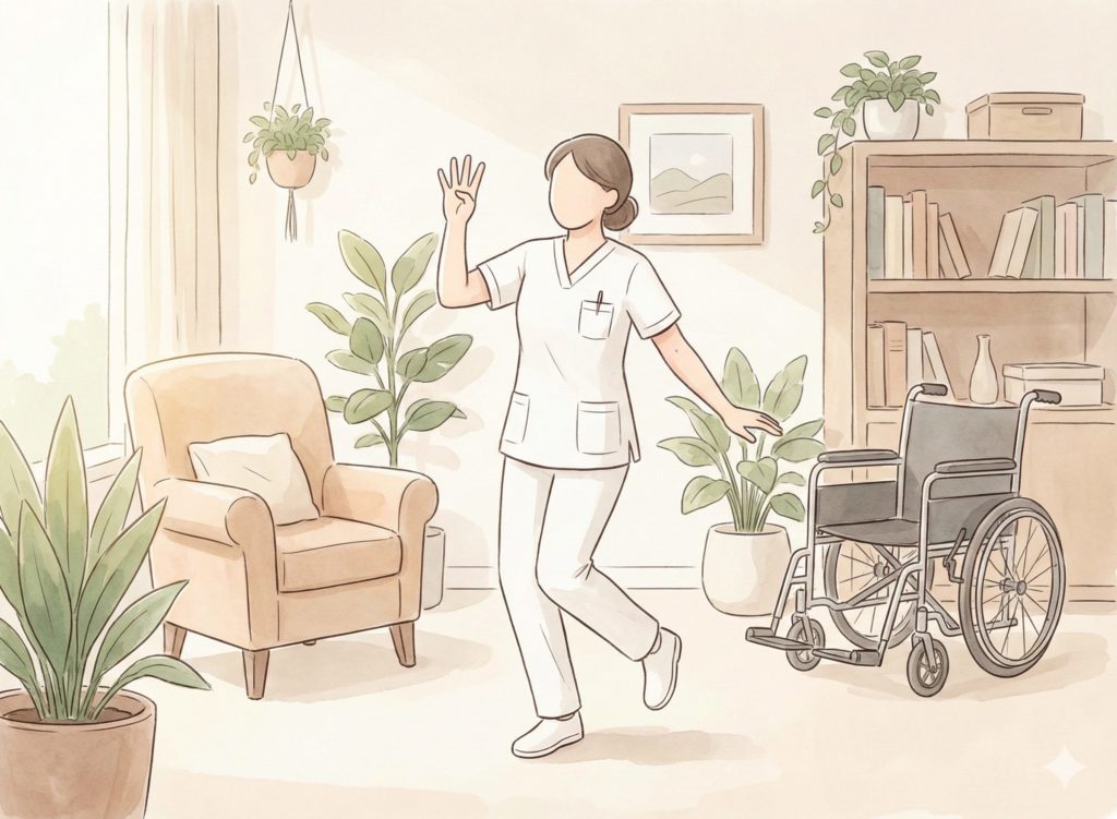 4本指を出して楽しそうな介護士