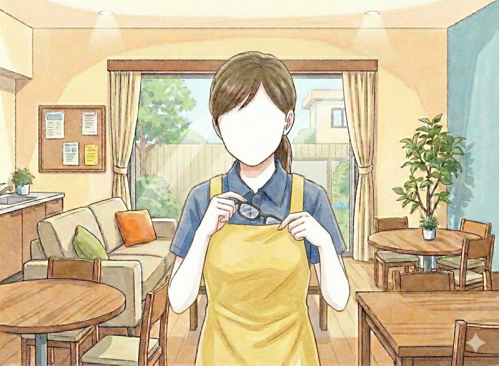 眼鏡をエプロンにかける介護士