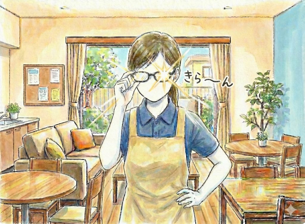 眼鏡を光らせる介護士