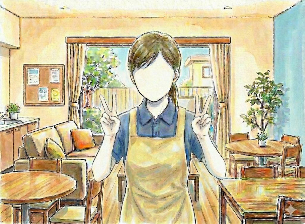 両手でピースする介護士