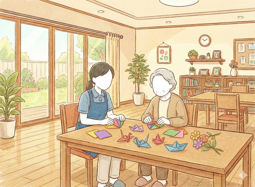折り紙をする介護士