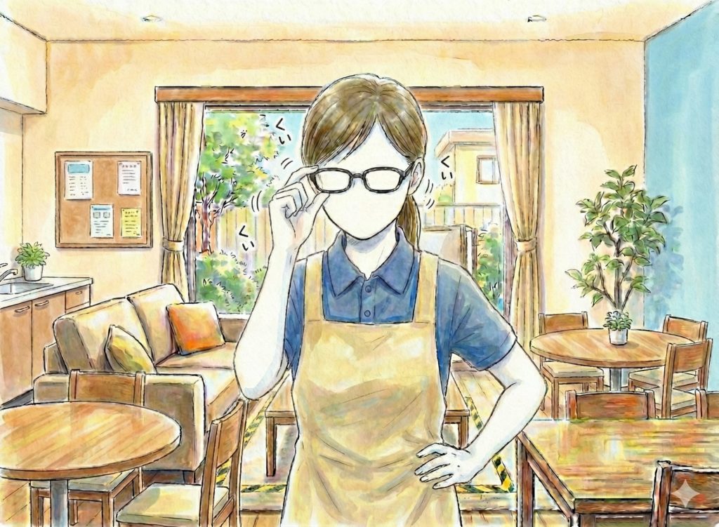 眼鏡をくいくいしまくる介護士