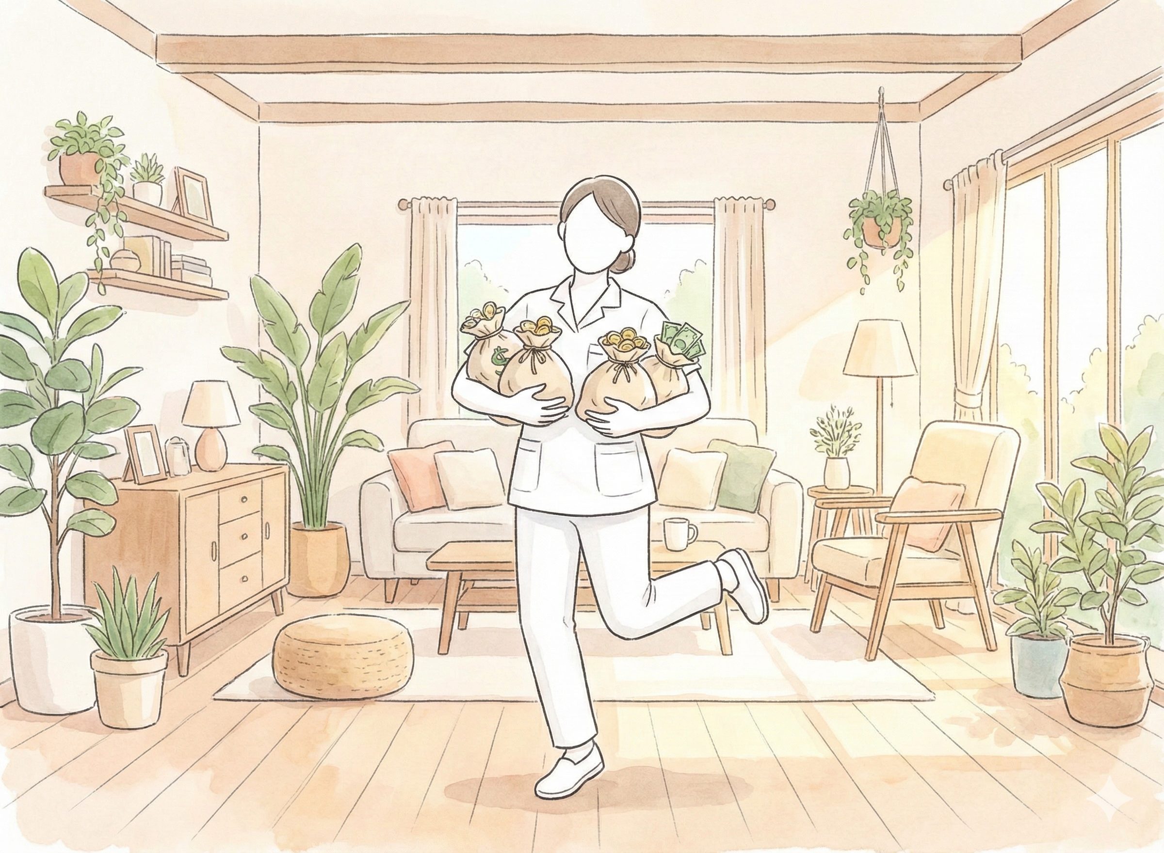 お金の袋を持って楽しそうな介護士