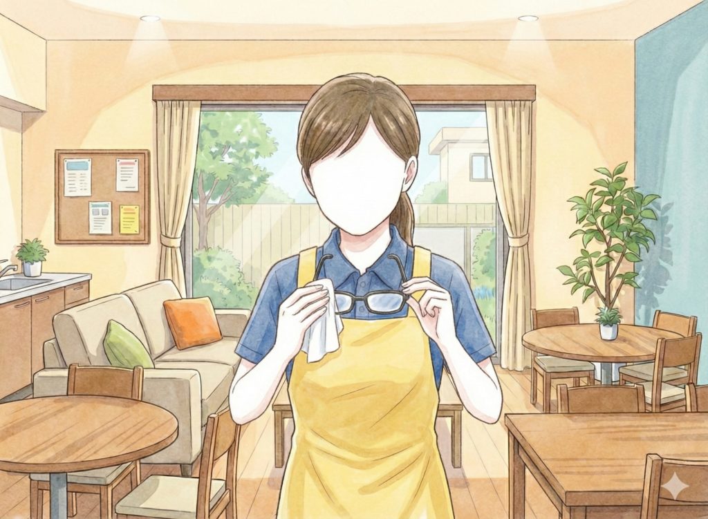 眼鏡を拭いている介護士
