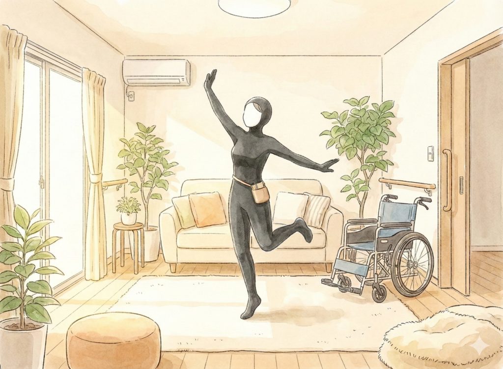 全身タイツを着る介護士