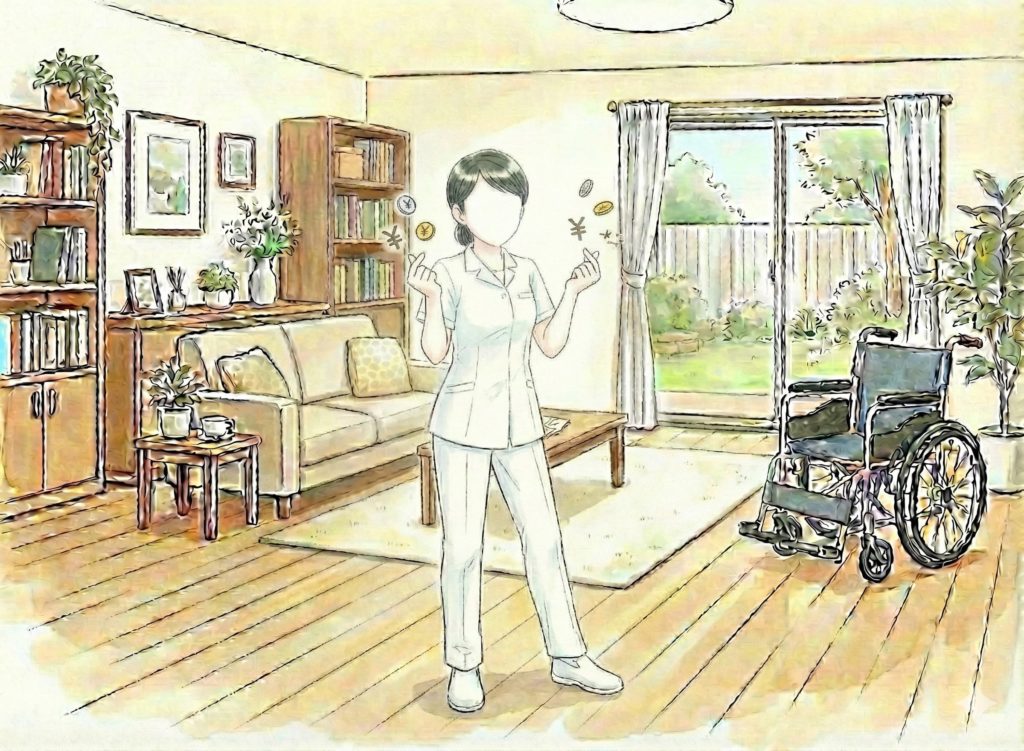 手でお金のマークを作る介護士