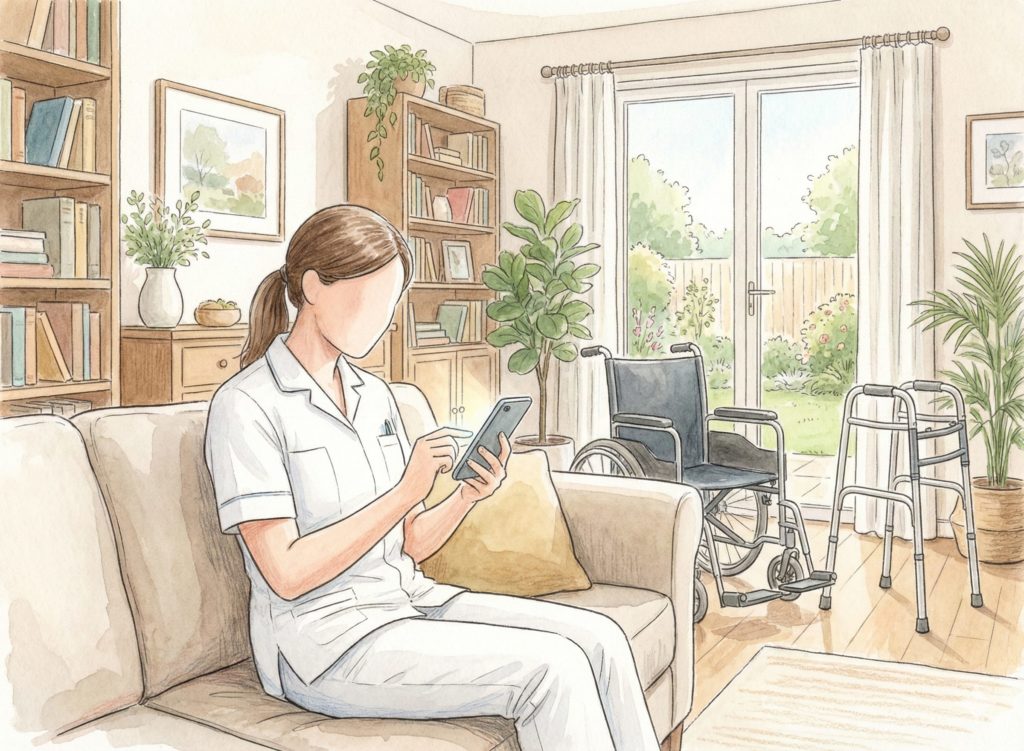 スマホで調べ物をする介護士