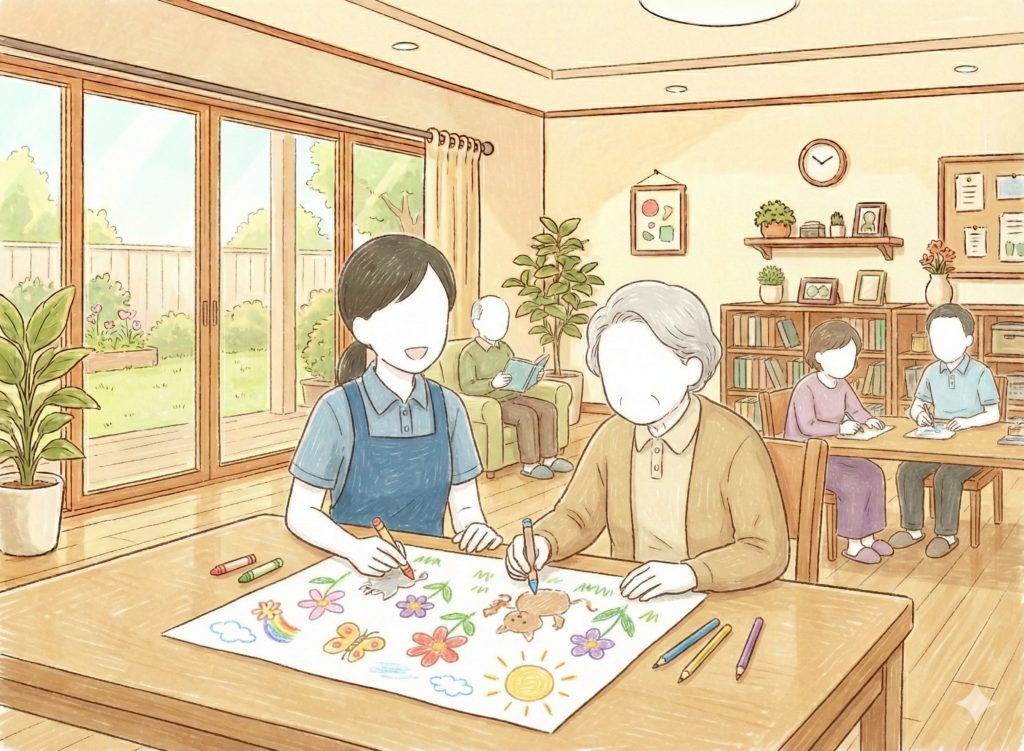 利用者と絵を描く介護士
